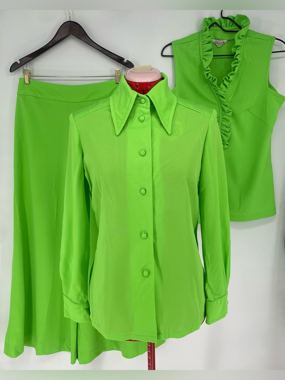 Mod 60s 70s Leslie Fay Personal Brand 3Pcs Lime Green Suit Set Wide Leg Pants